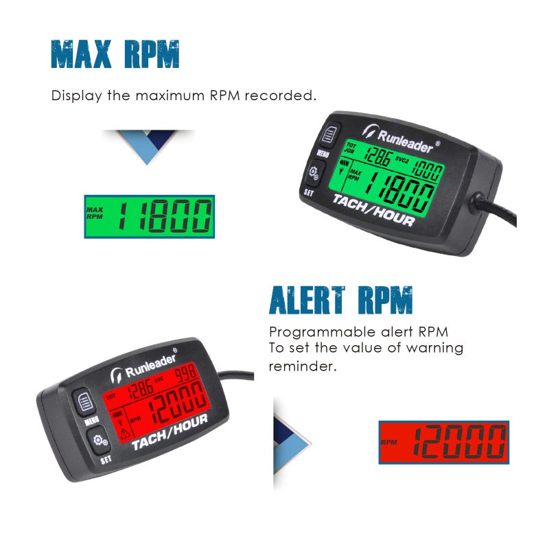 Runleader Digital Maintenance Hour Meter,Hours Accumulate & RPM Record,Backlight Display for Generator Motorcycle Lawn Mower Chainsaw Marine Boat Jet Ski - Image 5